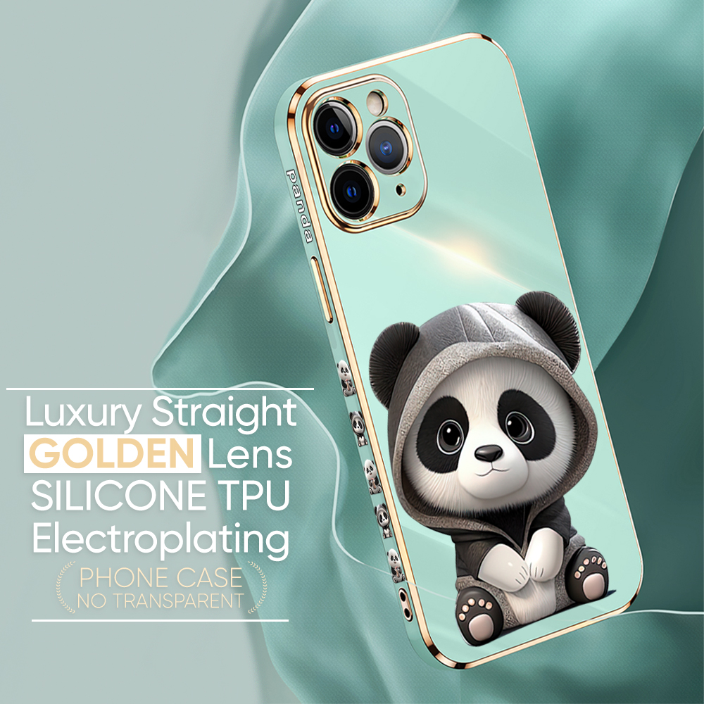 Hontinga for OPPO A76 A36 Back Cover With Free Strap Luxury 6D Plating Cute Panda Side Pattern Case Soft Silicone Square Mobile Cover. 