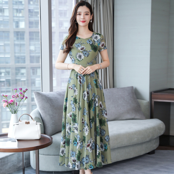 Mom dress spring and summer clothes new short sleeve middle-aged and elderly women's clothing korean loose slim plus size fashion skirt