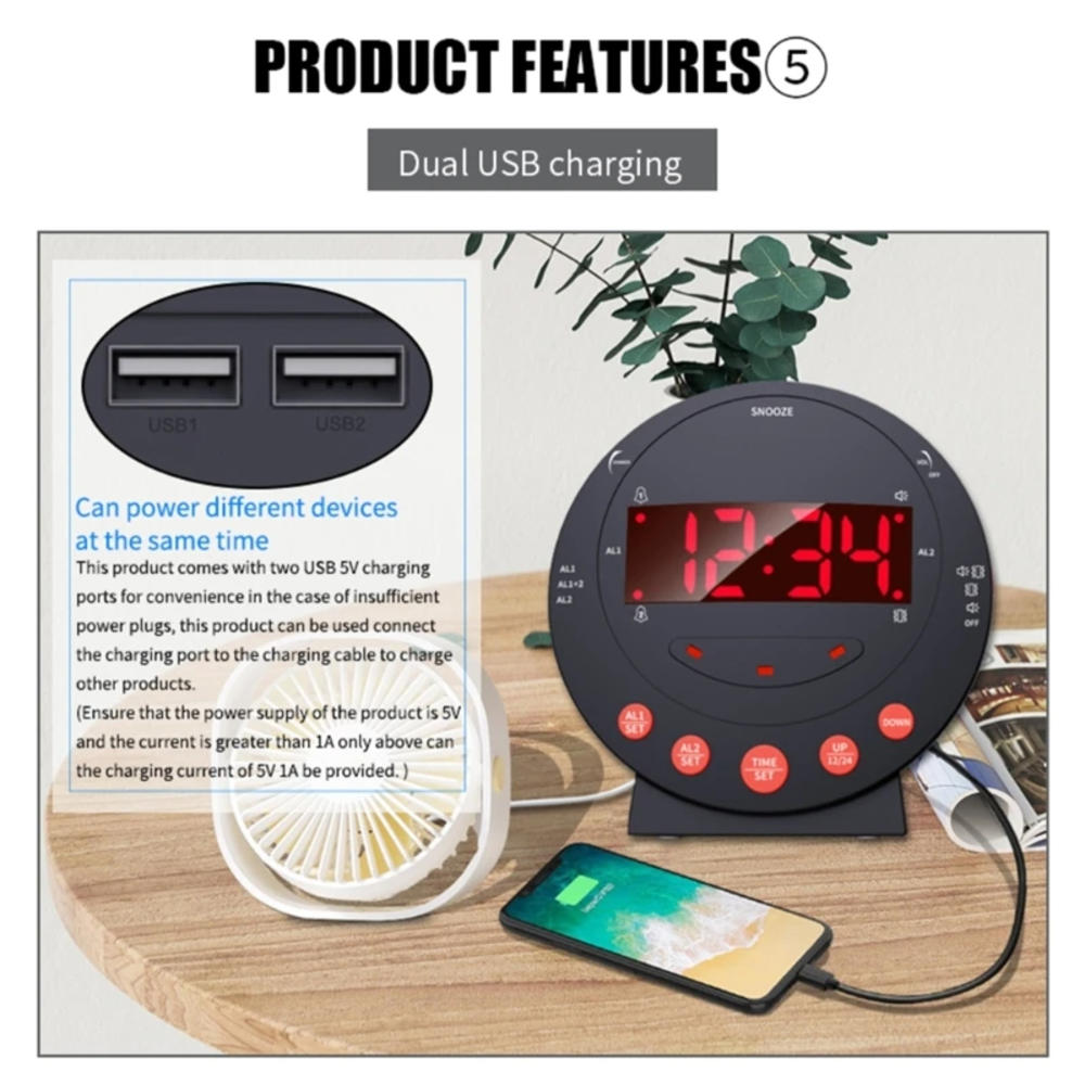Bedroom Clock Alarm Clock Intense Vibration Super Loud USB Charging Bed Shaker Digital Large Display LED Display for Heavy Sleepers Home Use Wake-up Aid Management Auditory Impaired. 