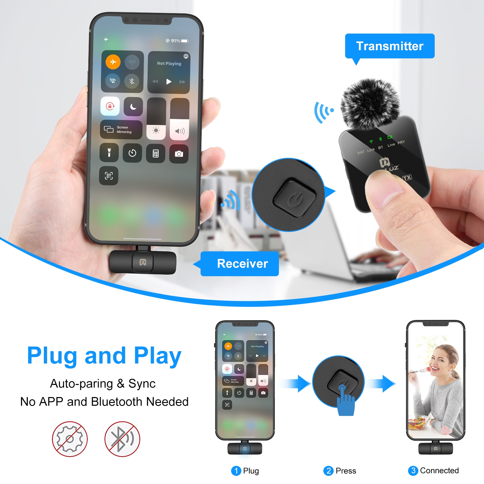 PULUZ Wireless Lavalier Microphone for iPhone / iPad, 8-Pin Receiver (Black). 