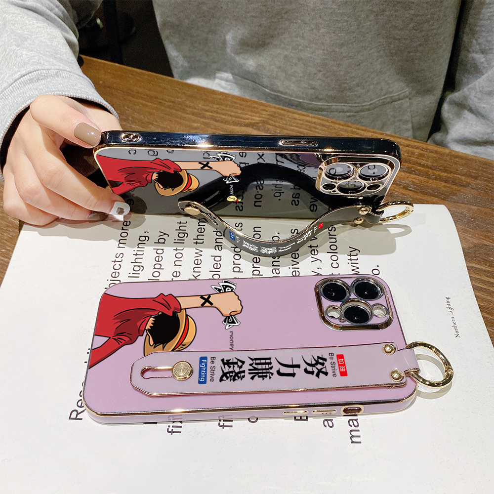 TA for iPhone 13 Pro Max Wrist Strap Back Cover Struggle Luffy Fashion Luxury 6D Plating Soft Casing Silicone Square Frame Phone Case. 