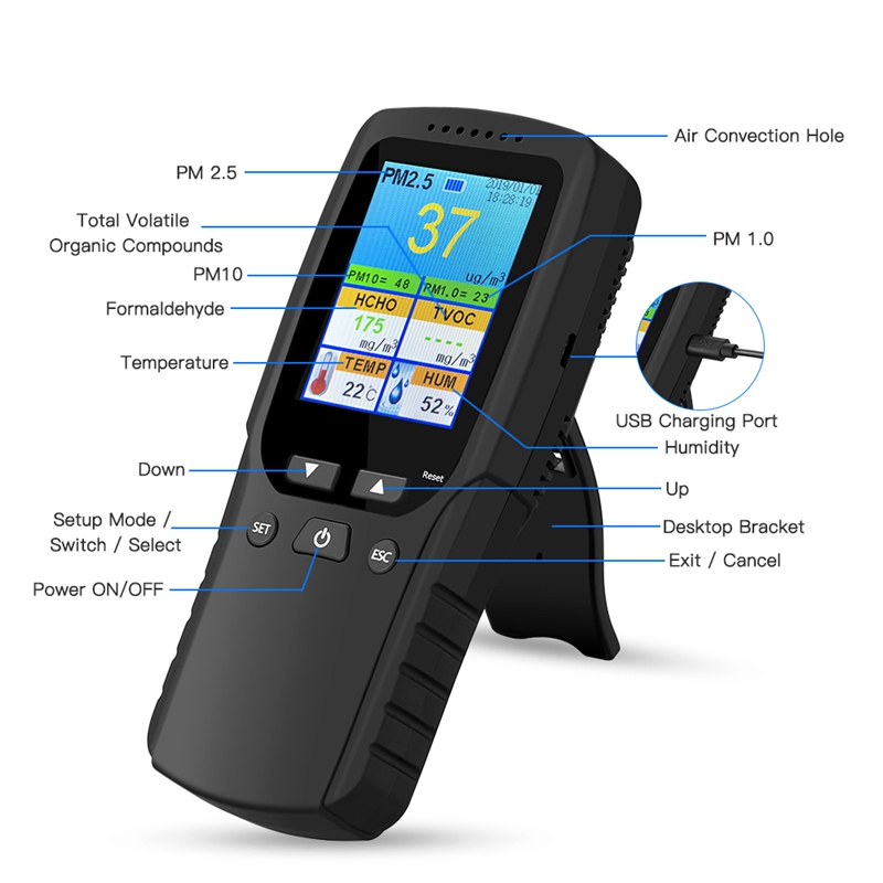 9 in 1 Air Quality Monitor Indoor Outdoor PM2.5, PM1.0, PM10, HCHO, Detector Tester Temperature and Humidity Sensor. 