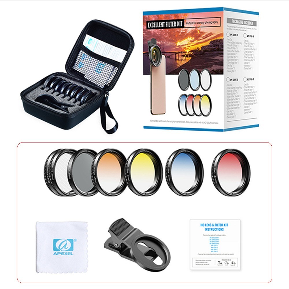 APEXEL APL-37UV-7G Professional 7in1 Phone Graduated Lens Filter Kit - black. 