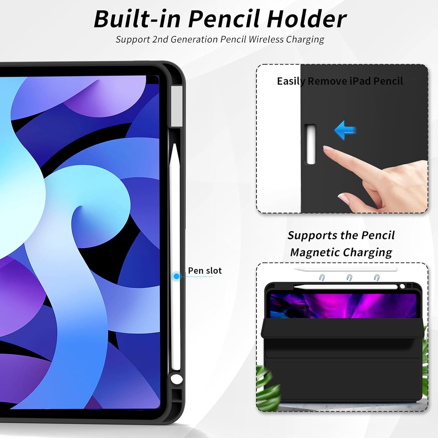 For Apple iPad Air 5 (2022) 10.9 inches (5th generation) Luxury Premium Silk Texture Horizontal Flip Leather Cover with 3-folding Holder Smart Case With pen Holder -(Black-Blue) For :  A2589, A2591 (Global). 