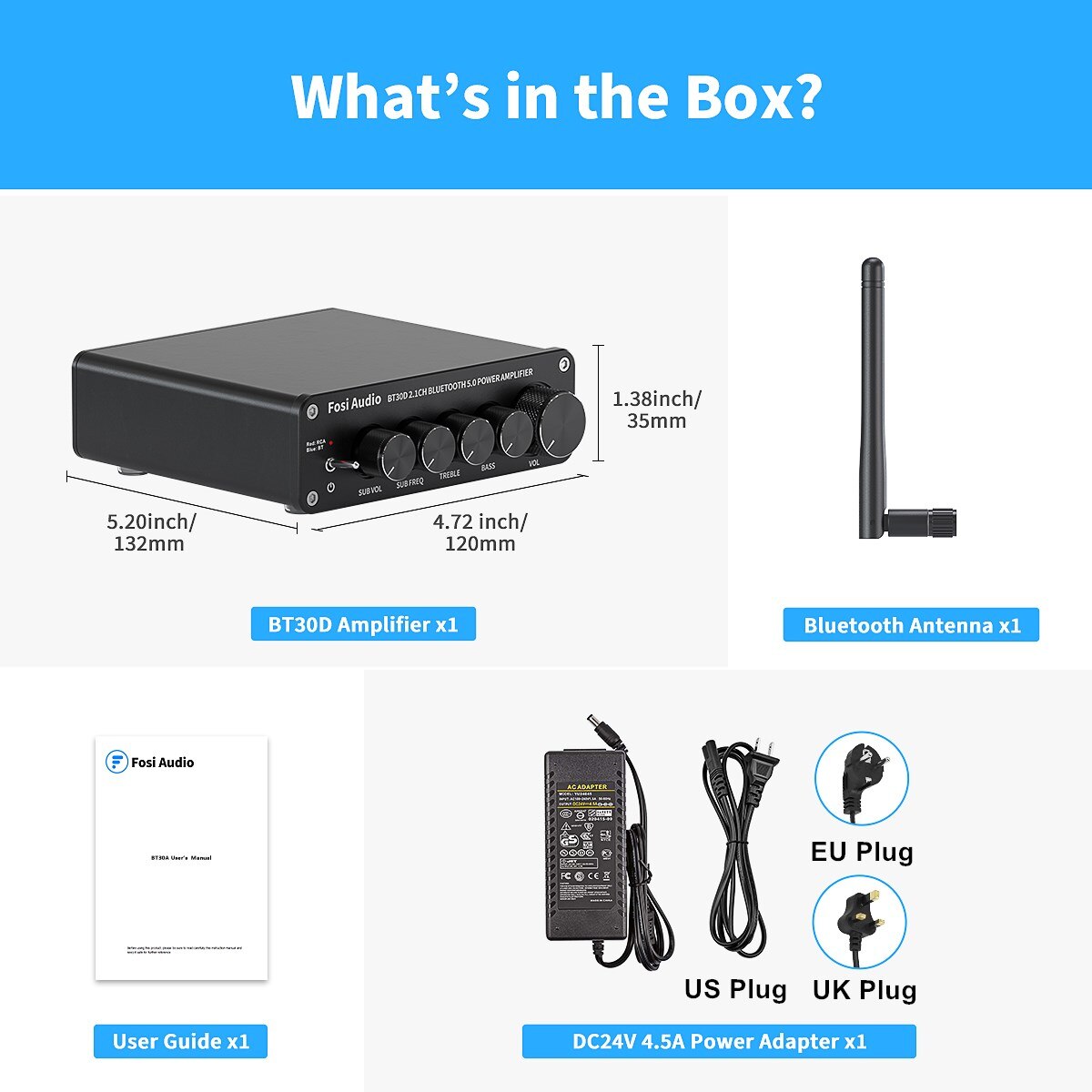 Newest Fosi Audio BT30D Bluetooth Sound Power Amplifier 2.1 Channel Bass & Treble Control Amp Audio Subwoofer 100W + 50W x2 - Black with power. 