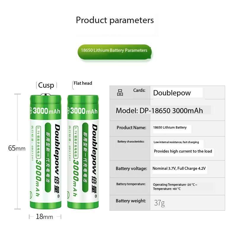Doublepow ICR 18650 3.7V 3000mAh High Capacity Flat Top Lithium ion Rechargeable Battery (Flat Top) - 1 Piece. 