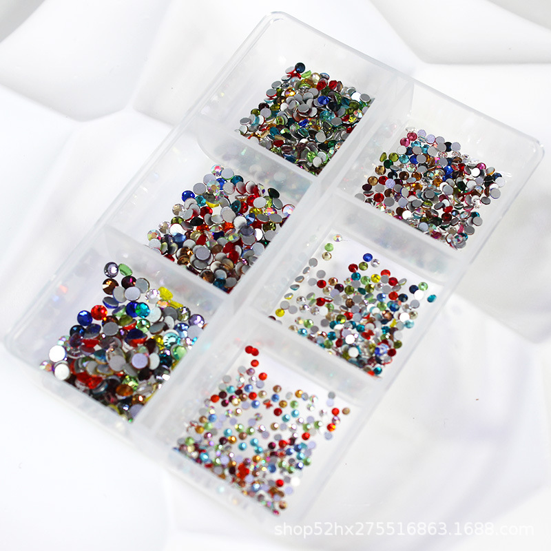 Internet celebrity new color rhinestone small round flat bottom diamond 6 grid box DIY glass nail diamond