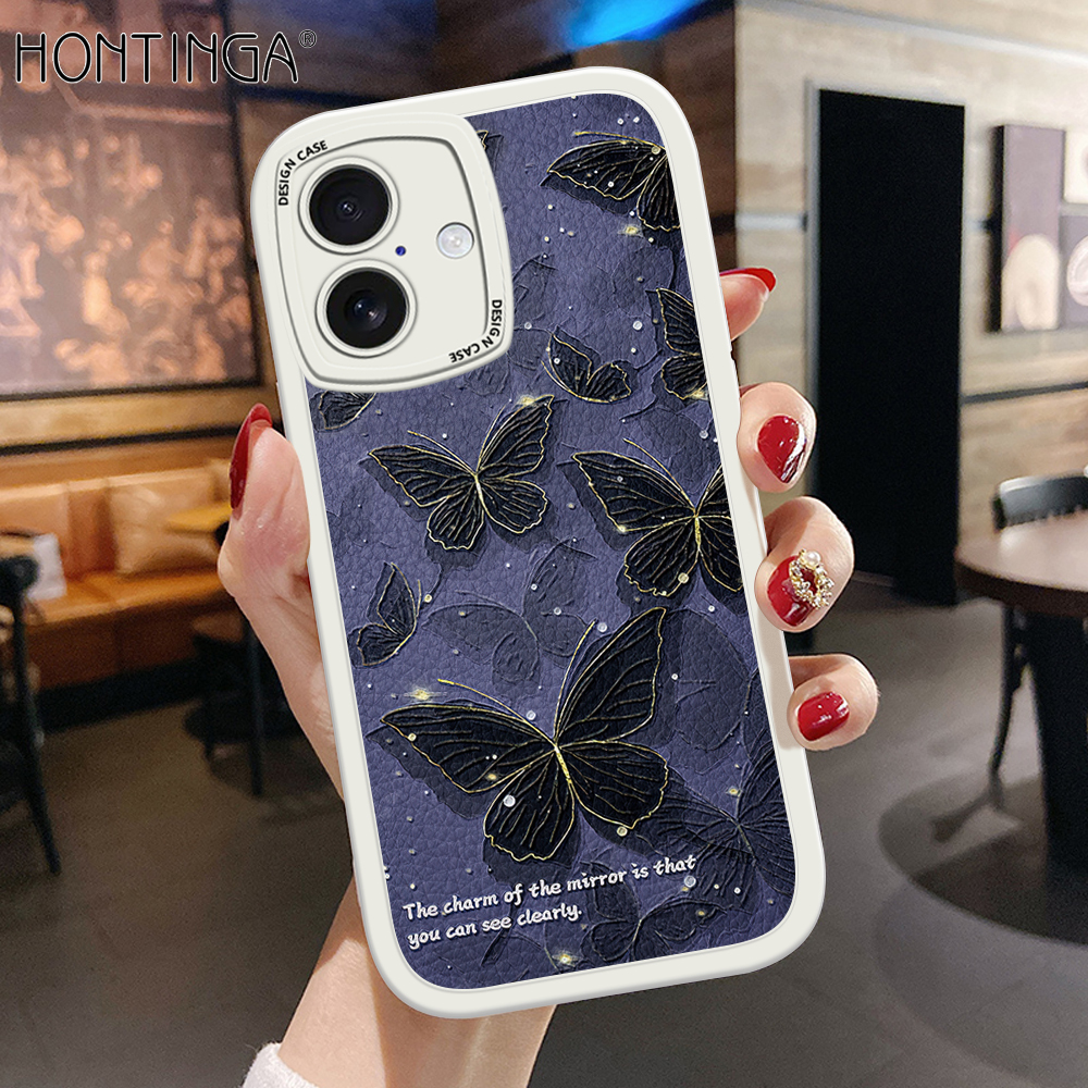 Hontinga for iPhone 16 Pro Max 16 Plus Back Cover PU Leather Black Butterfly Phone Case Soft Silicone Edge Mobile Cover