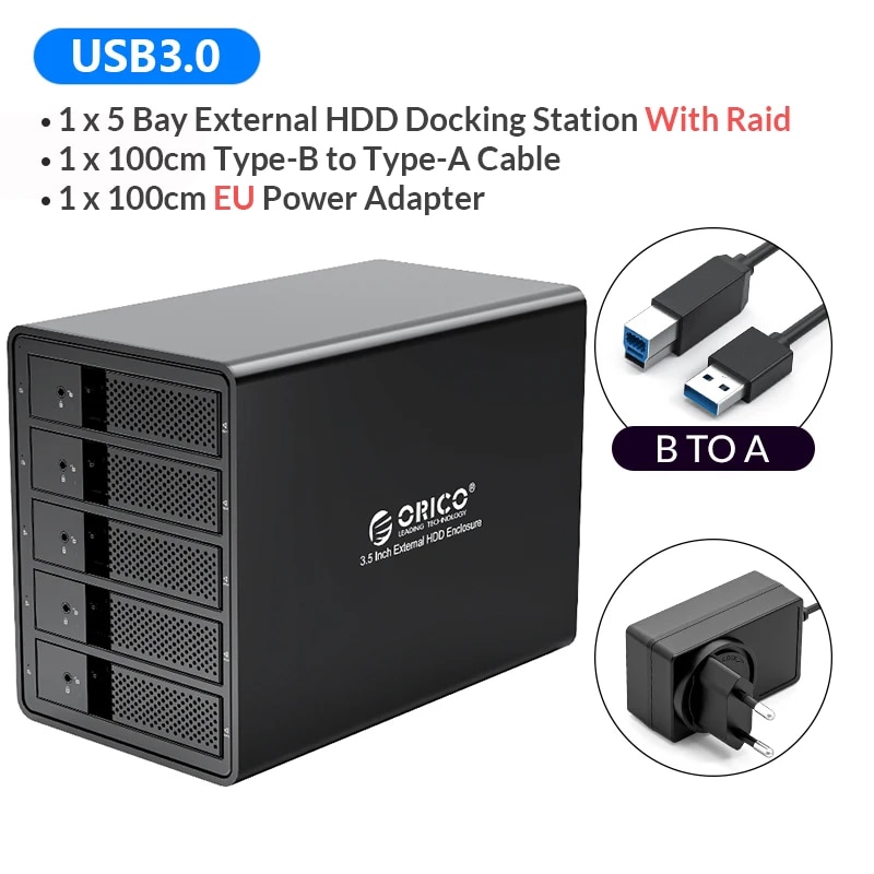 ORICO 95 Series 5 Bay 3.5'' USB3.0 HDD Docking Station Support RAID Mode Aluminum With 150W Internal Power Adaper. 