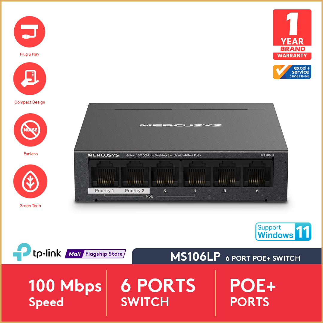 Mercusys MS106LP 6-Port 10/100Mbps Desktop Switch with 4-Port PoE+