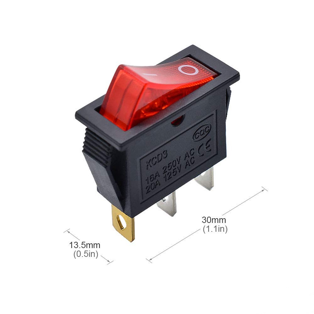 2Pcs RED Indicators KCD3 Rocker Switch 16A 250V 3 Pin BLACK Color Switches 3Pin On Off 2 Positions Full Illuminated Neon RED Indicators DPST Power Switch For Auto Car Boat IPS UPS. 