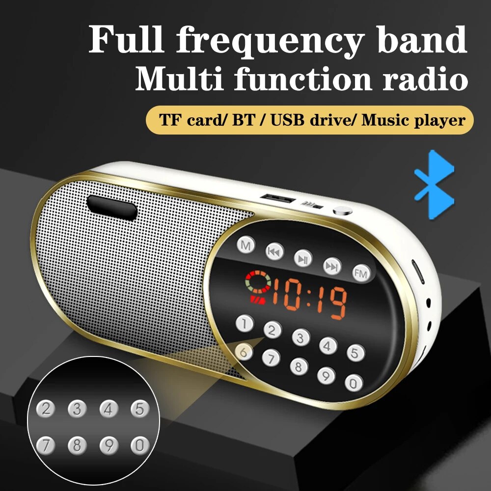 Portable Mini FM Radio Wireless Bluetooth 5.0 Speakers TF||USB||LED Flashling Function Support 3.5mm Earphone MP3 Player