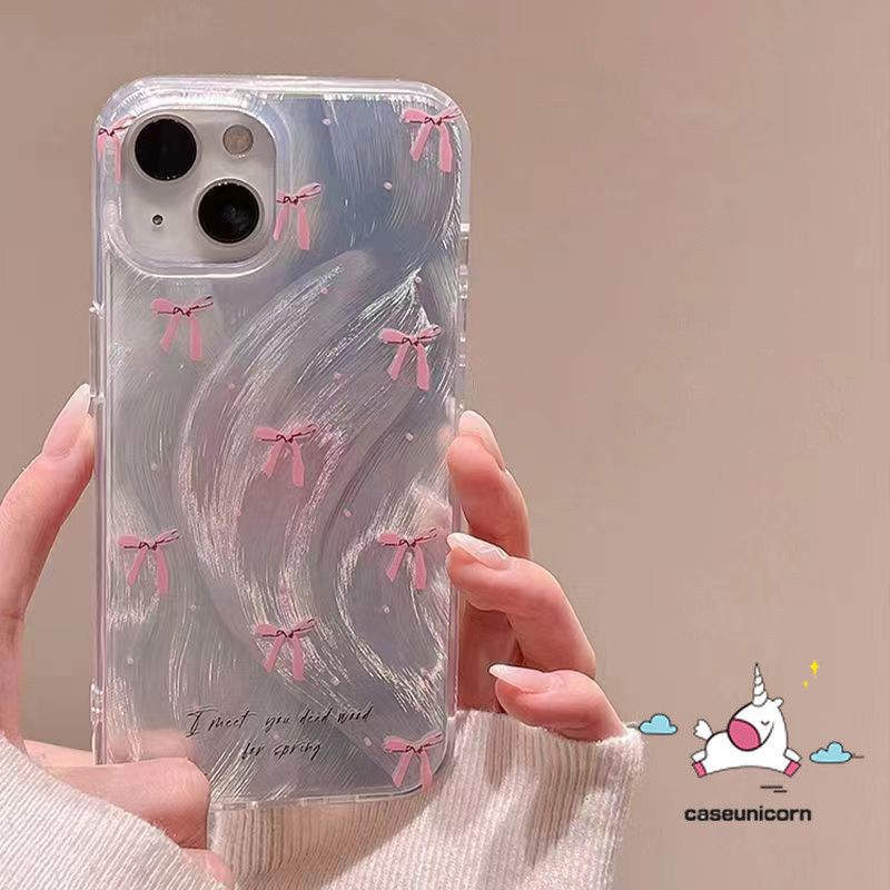 Romance Pink Gradient Bowknot Cartoon Bracelet Case Compatible For IPhone 7Plus 15 13 11 14 12 Pro Max XR XS Max X 15 8 14 7 Plus SE 2020 English Tag Luxury Pearly Luster Card Case. 