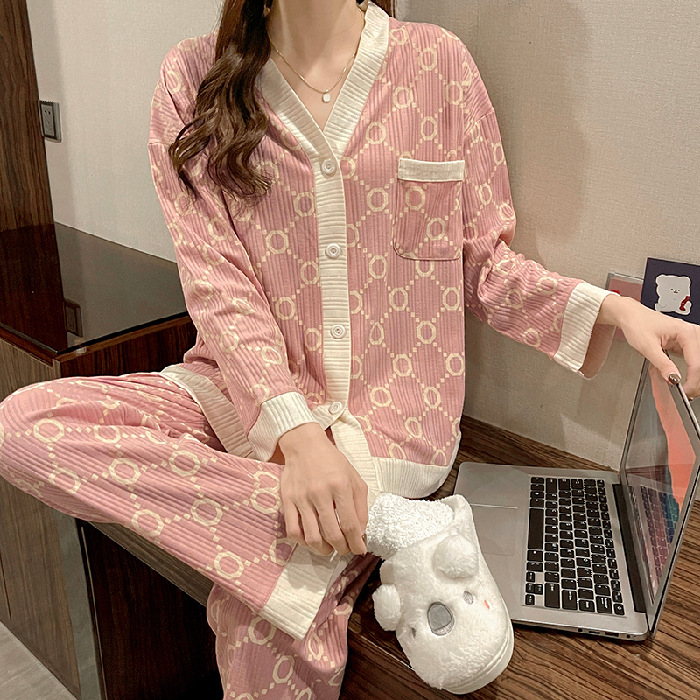 ins korean version circle circle small fragrance wind pajamas women's long sleeves and trousers with pockets loose v-neck foreign trade cross-border loungewear