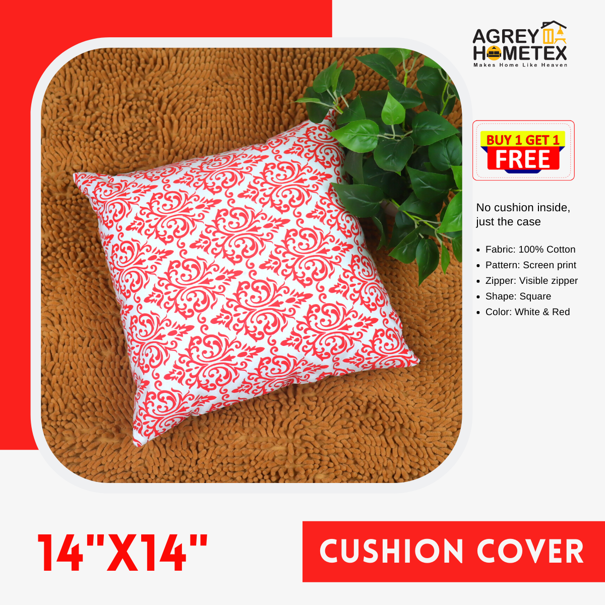 Decorative Cushion Cover, White & Red (14"x14") Only Cover
