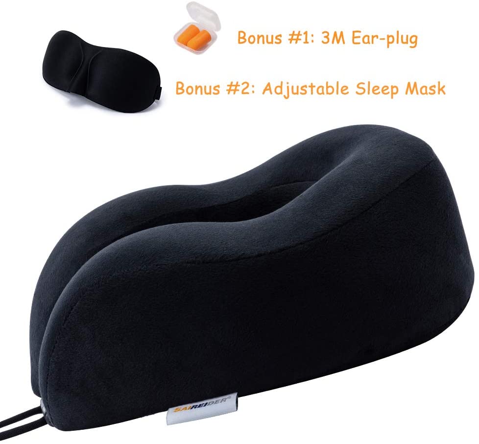 Adjustable Memory Foam Made Portable Travel Pillow, Eyemask, Earplucks. 