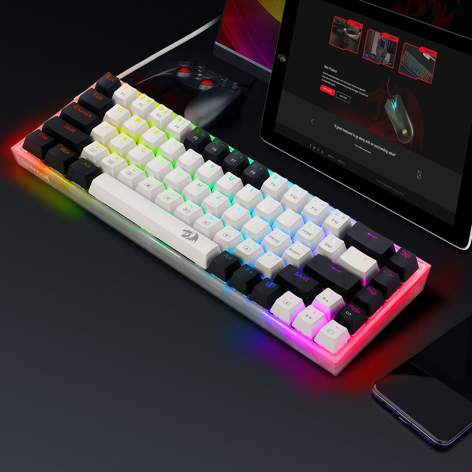 Redragon TS 68B USB Gaming Mechanical Keyboard RGB Backlit Transparent Bottom Anti-ghosting 68 Keys for Mac/PC/Laptop. 