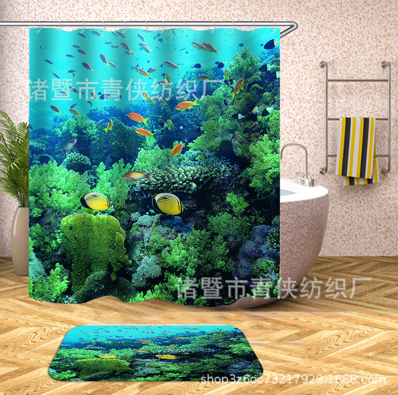 Factory e-commerce wholesale volume, high price, excellent polyester digital printing shower curtain floor mat four-piece set, toilet three-piece set, dolphin. 
