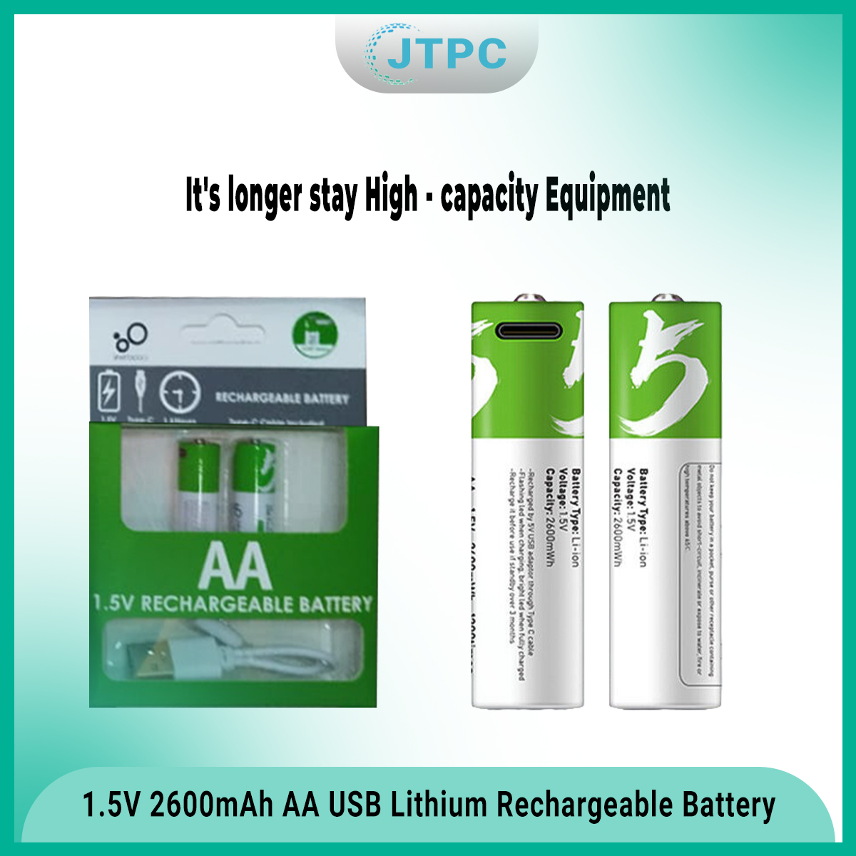 smartoools 1.5V Type-C Rechargeable Batteries AA (2-Pack) With Type-C Cable