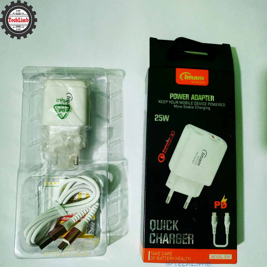 Fast Charger S111 PD 25W Adapter with Type-C Cable & USB Port – 5V/3A 9V/2.77A for Stable & Fast Charging – TechLimb. 