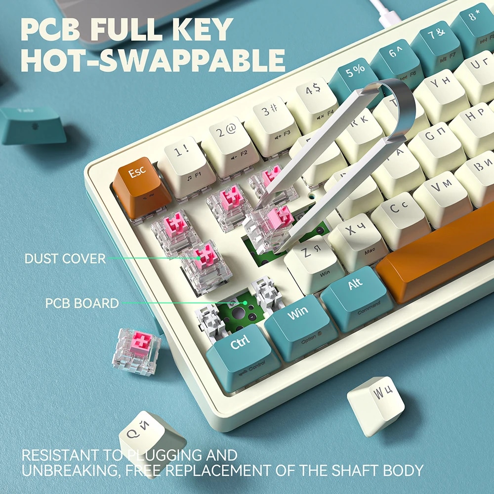 ZA68 Mini Gaming Mechanical Keyboard Wired Computer Keyboard RGB Backlit Knob light control Hot swappable 68 KeyS TYPE-C. 