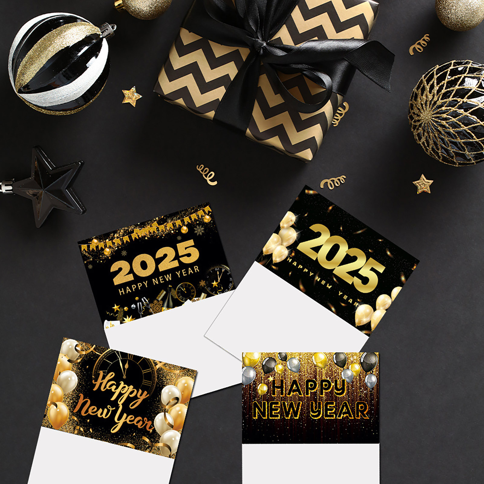 Bulk Pack of New Year Cards Envelopes 12pcs 2025 New Year Cards with Envelopes Stickers Gold Foiled Holiday Greeting Cards for Happy New Year Festive Design for Durable New Year Cards Assortment. 