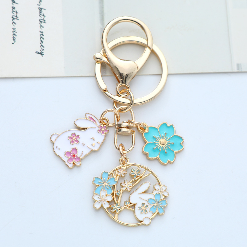 Enamel Finish Rabbit Keychain Decorative Purple Korean Fashion Enamel Keychain Pink 10*4*1cm Cherry Blossom Keychain for Daily. 