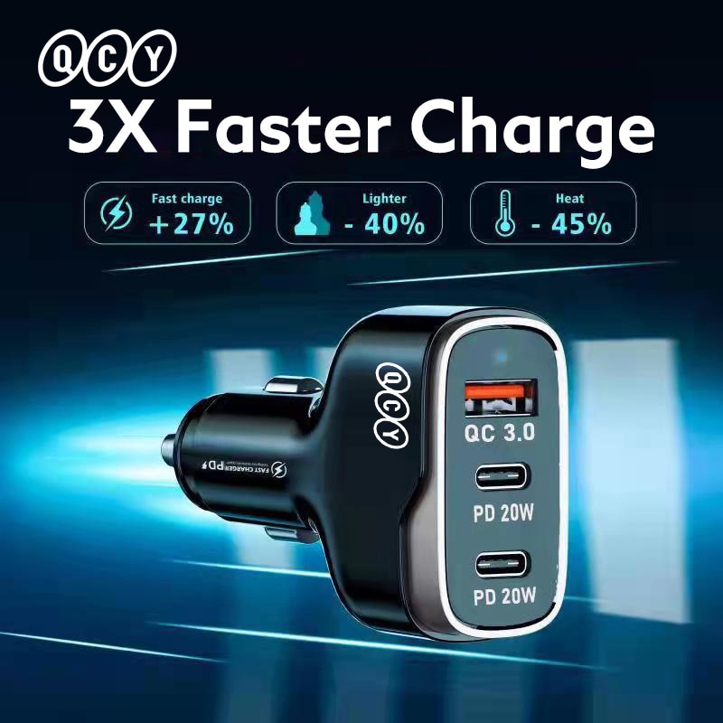 QCY 3 Port Car Charger 40W PD Fast Charger QC 3.0 USB Type C Car Charger For iphone 13 12 Xiaomi Huawei Samsung Quick Charger. 