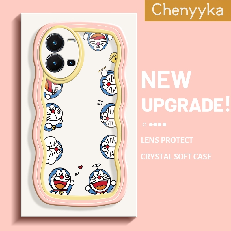 Chenyyka For vivo Y35 Case Cartoon Doraemon Colorful Lovely Wave Border Soft Clear Shockproof Phone Cases Creative Camera Transparent Casing Simple Gentle Protective Cover. 