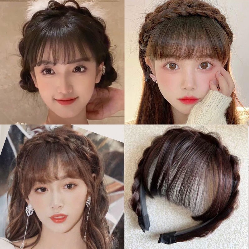 Synthetic Fake Bangs Hair Neat Fringe Bands with Double Row Braids Headband Heat Resistant Bangs In Hair Extensions Hairpieces. 