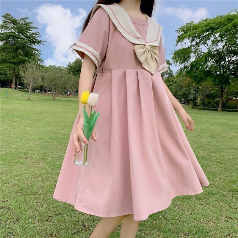 cute dress bangladesh A-line Dress Women Sweet Kawaii Japanese Style College Autumn New Sailor  Collar Patchwork Bow Fashion Leisure Loose Popular Chic