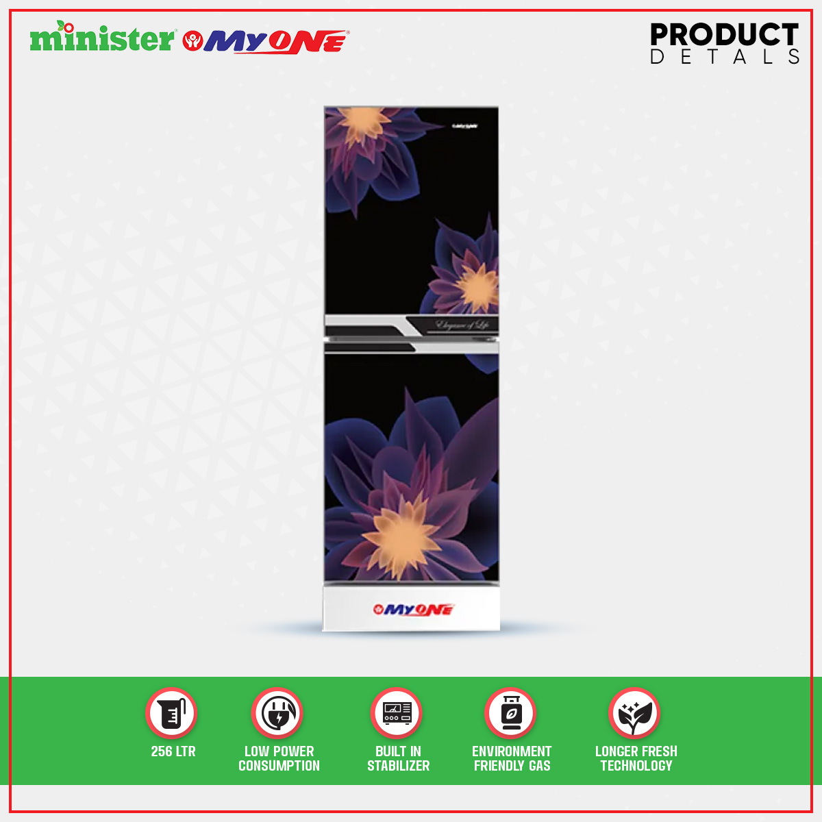 MYONE Refrigerator MY-2E6G ELEGANT MAGNOLIA BLACK MATCH-256 litter. 