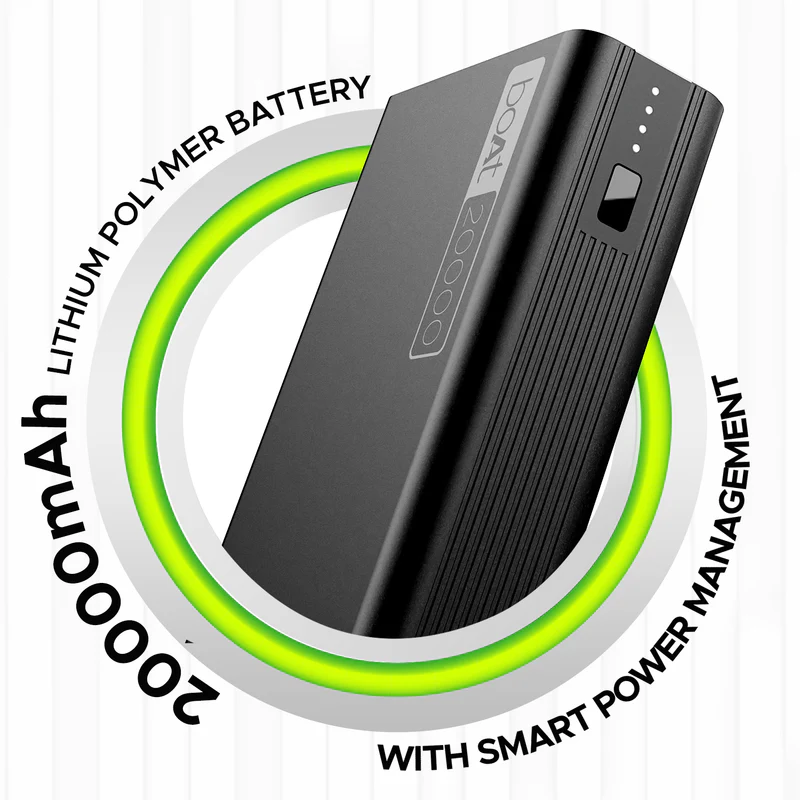 boAt Powerbank 20000mAh EnergyShroom PB400 with 22.5W QC and PD fast charging, 12-layer IC protection, dual USB, and Type-C output.. 