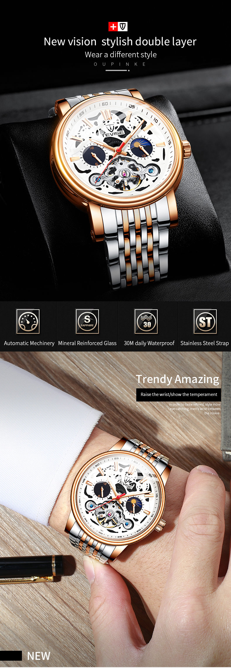 TEVISE T867 Luxury Branded Watches Automatic Wrist Watch Stainless Steel Men Skeleton Watch for gift