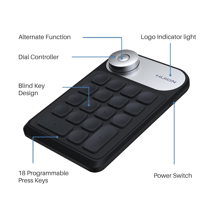 HUION Mini Wireless Keyboard KD100 K20 USB 2.4G Bluetooth 5.0 Connection Keydial for Graphic Tablets MacOS Windows PC Laptop. 