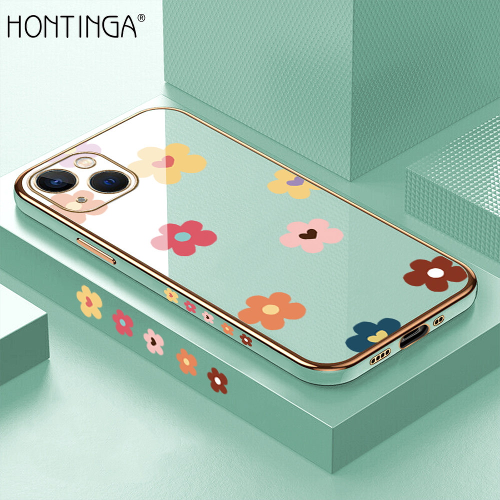 Hontinga for iPhone 13 Mini Back Cover + Free Lanyard Luxury 6D Plating Falling Flower Side Pattern Case Soft Silicone Square Mobile Cover