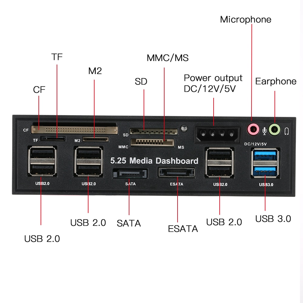 Multi-Function USB 3.0 Hub eSATA SATA Port Internal Card Reader PC Dashboard Media Front Panel Audio for SD MS CF TF M2 MMC Memo. 