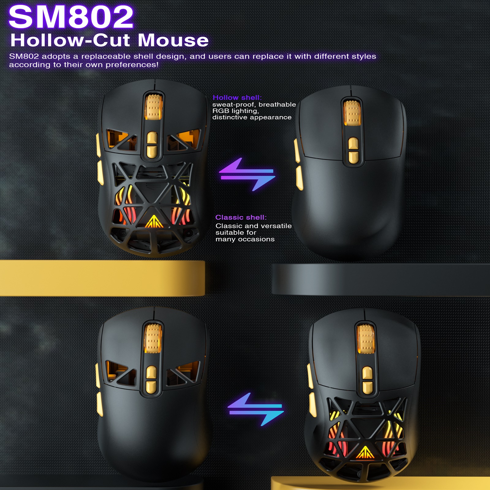 SOLAKAKA SM802 Tri-mode Gaming Mouse RGB Wirelss Ultralight Custorizable Silent Mice 2.4G/BT/Wired E-sports Gaming Mouse For PC. 