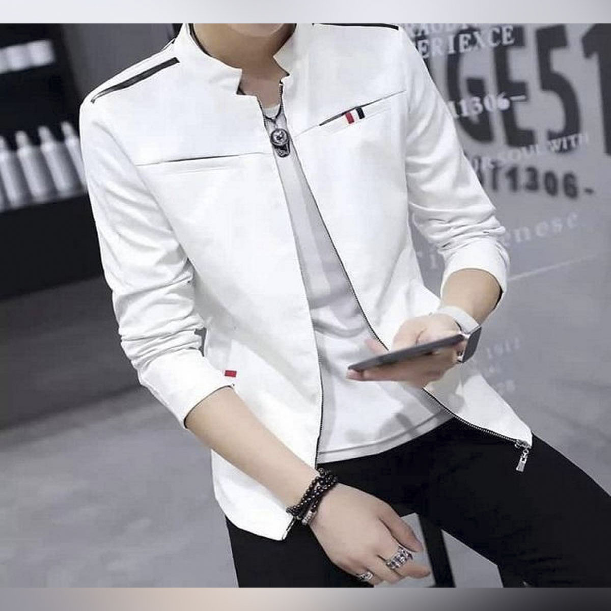 Cream Color Artificial Leather Jacket 