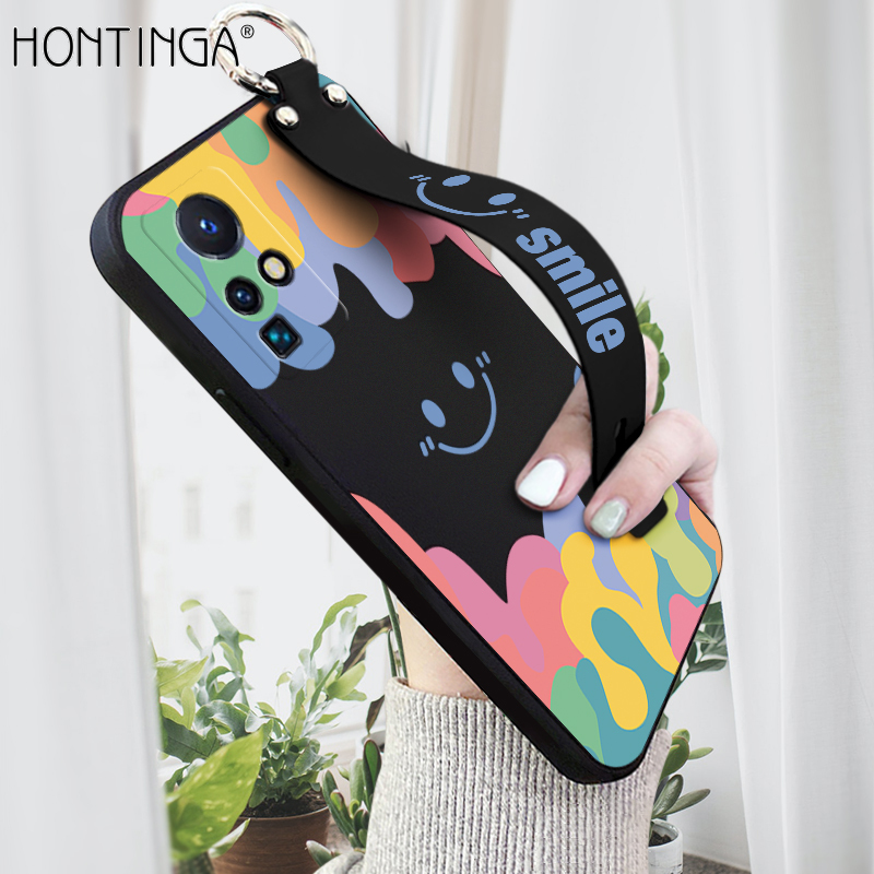 Hontinga for Infinix Zero X neo back cover wrist strap soft candy color splash ink case Square printed pattern liquid silicone phone cases. 