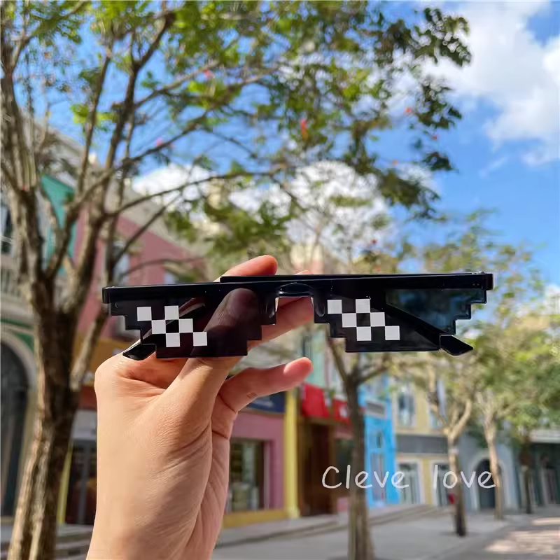 【Nice Day Toy Findings Store】（NEW）Thug Glasses Funny Mosaic Glasses Red Pixel Photography Performance for Men and Sunshade Sunglasses Coding anime. 