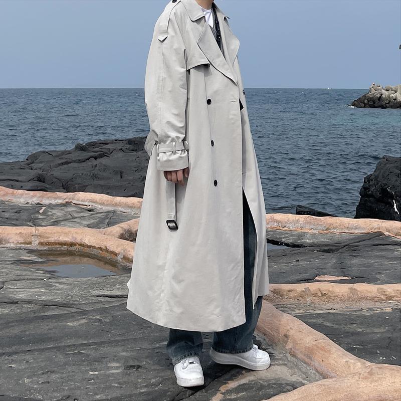 Autumn Korean Style Super Long Men's below the Knee Trench Coat Youth Trendy Handsome Jacket Double Breasted Loose Lace-up Overcoat. 