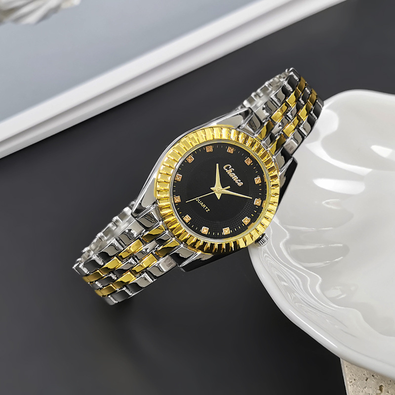 Cross-border couple watch wholesale fashion room gold quartz alloy set steel belt men and women watch watch