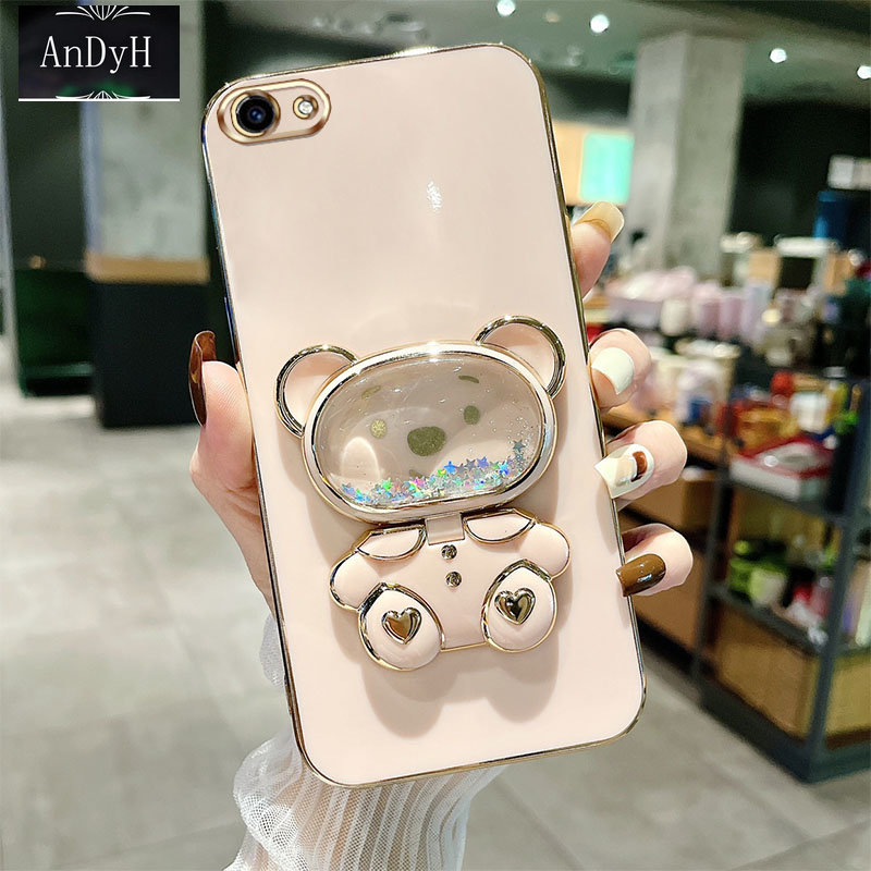 AnDyH Phone Case for Vivo Y81 Y83 Y81i Y71 Y71i Y79 V7 Plus Y75 V5 Lite Vivo 1724 1801 1812 1808 1803 1609 Cute Quicksand Liquid Bear Bracket Anti Drop Camera Protection