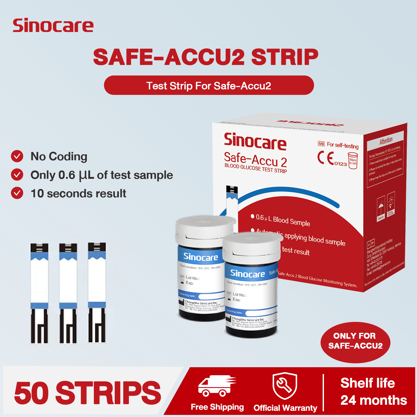 Sinocare (Safe Accu2) Blood Sugar Test Strips 50 pcs No Code/ Blood Glucose Test Strips with Lancing Devices x 50 / only for sinocare Safe Accu2 Blood Glucose Monitor. 