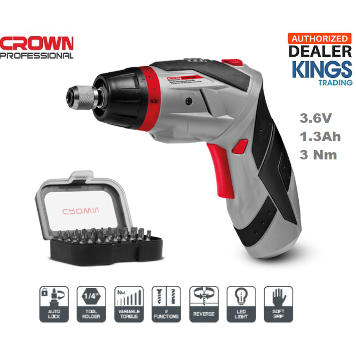 CROWN Cordless Screwdriver 3.6V (Li-on 1.3Ah), 3 Nm, with 30Pcs Accessories Model: CT22025 - Kings Trading