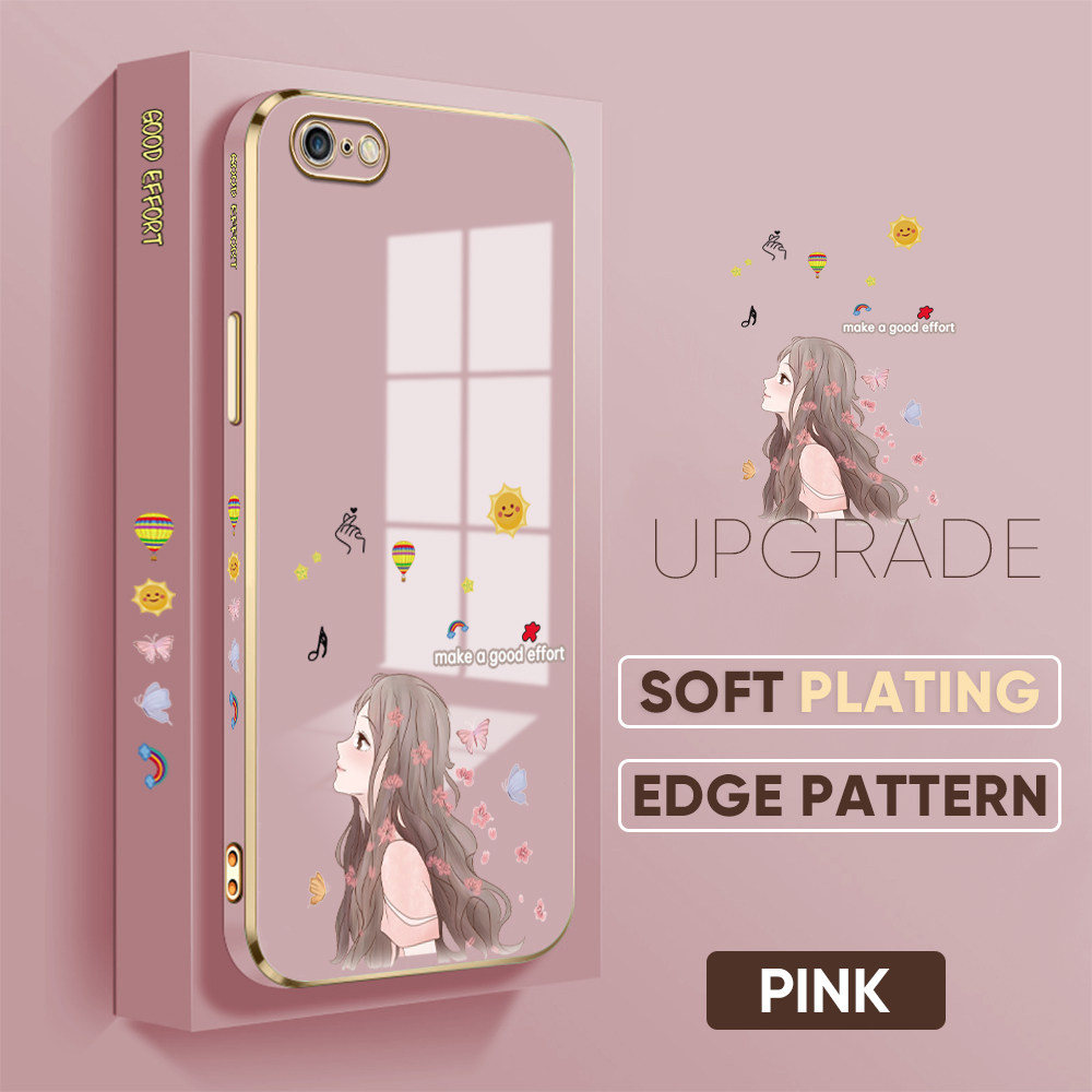 TA for iPhone 6 Plus / 6S Plus Back Cover + Free Lanyard Charming Girl Luxury 6D Plating Case Side Pattern Soft Silicone Square Phone Cases. 