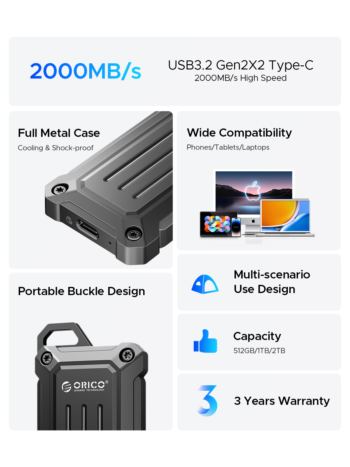 ORICO Mini Portable SSD 20Gbps External Solid State Drive USB3.2 Gen2 2TB 1TB Type- C PSSD for Outdoor Workers Photographer. 