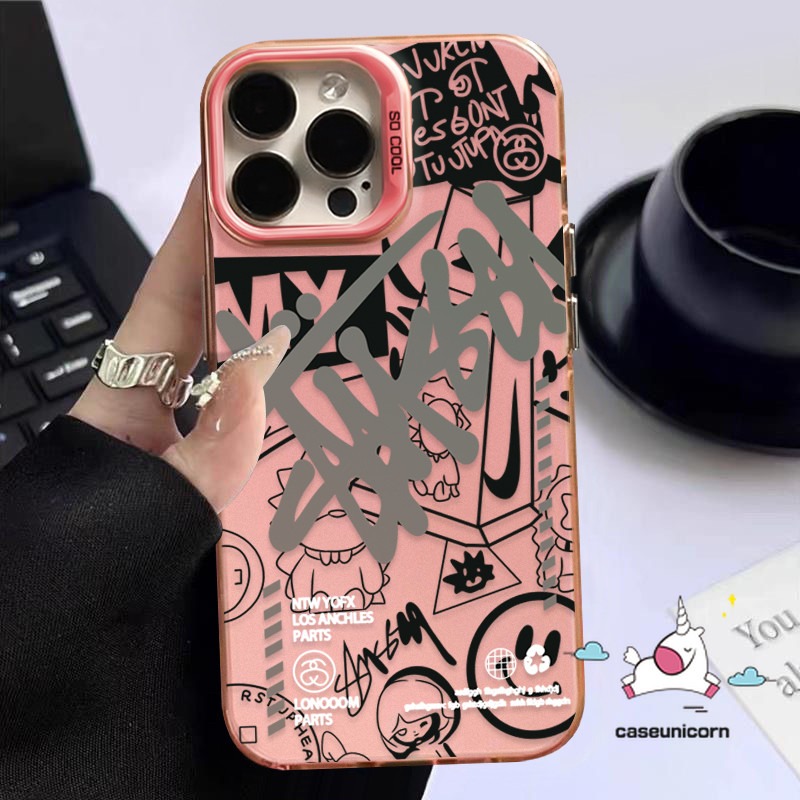 Trendy Cartoon English Cool Smiley Face Graffiti Case Compatible for IPhone 16 15 11 14 12 13 Pro Max XR X 7Plus XS Max 15 8 7 14 Plus SE 2020 Luxury Plated Metal Lens Soft Case. 