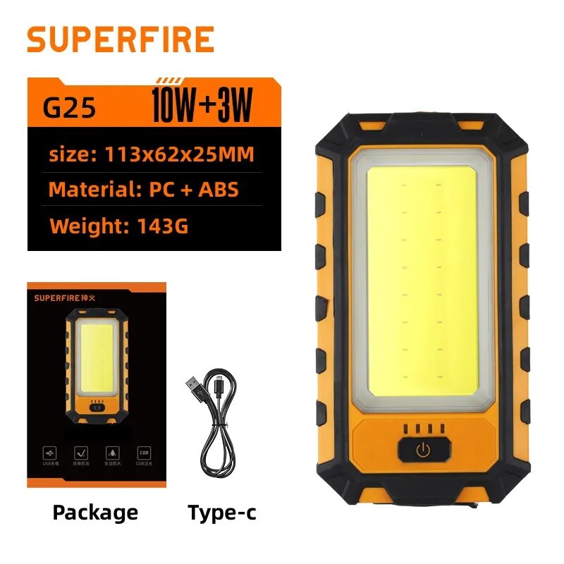 SUPERFIRE G25 Work Light LED Flashlight COB+XPE Lamp Beads Foldable Power Bank TYPE-C Waterproof with Magnet Powerful Display. 